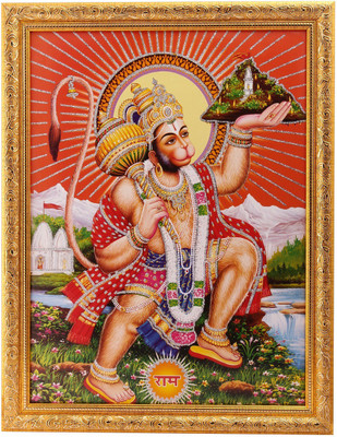 

Silver Zari Work Photo Of Hanumanji In Golden Frame Big Paper Print(18 inch X 14 inch, Framed)