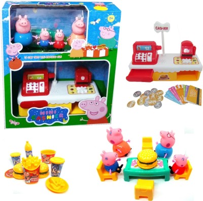 

HALO NATION Peppa Pig Family Cash Register Cashier center Play Set with Accessories and Macdonald Theme Dinning Setup.