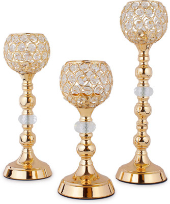 

Jewel Fuel Pillar Candle Stand Showpiece Set of 3 (10.5 Inch, 12.5 Inch, 15 Inch) Crystal Tealight Holder Set(Gold, Pack of 3)