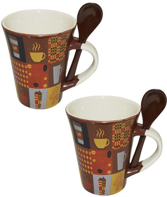 

FineArts Premium Quality Multicolour Coffee With Spoon - 2 Pcs Bone China Mug(350 ml, Pack of 2), Multicolor