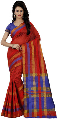 Trendz Style Striped Fashion Cotton Silk Saree(Red) Trendz Style Striped Fashion Cotton Silk Saree(Red)