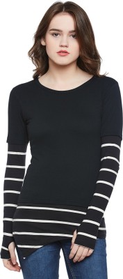 HYPERNATION Striped Women Round Neck White, Black T-Shirt