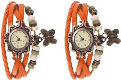 COSMIC SET OF 2 Round Dial ORANGE Strap Butterfly PENDENT PARTY WEAR LADIES BRACELET Watch  - For Women   Watches  (COSMIC)