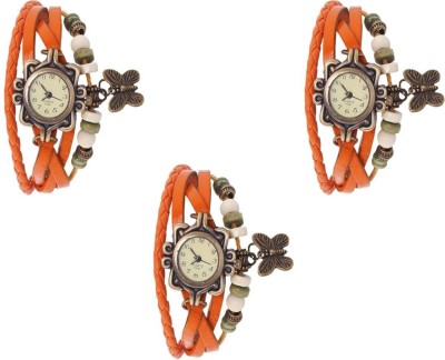 COSMIC SET OF 3 ROUND DIAL ORANGE STRAP BUTTERFLY PENDENT PARTY WEAR LADIES BRACELET Watch  - For Women   Watches  (COSMIC)