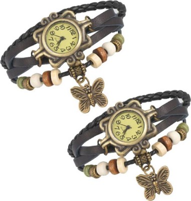 COSMIC SET OF 2 Round Dial BLACK Strap Butterfly PENDENT PARTY WEAR LADIES BRACELET Watch  - For Women   Watches  (COSMIC)