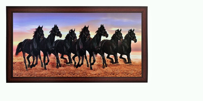 

Sparkle Print Photo Of Black 7 Vastu Horses In Brown Wooden Frame Big Fine Art Print(12 inch X 22 inch)