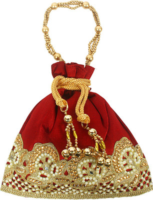 

Bagaholics Ethnic Clutch Silk Potli Batwa Pouch Bag with Beadwork Potli(Red)