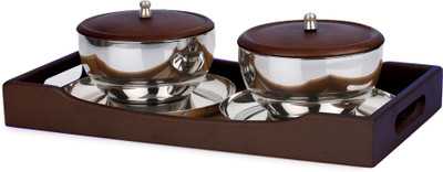 

Homeish Double Walled Bowl Set of 2 with Lids and Wooden Tray Bowl Tray Serving Set(Pack of 1)