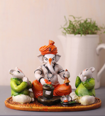 

eCraftIndia Lord Ganesha Performing Shiva Pooja with 2 Rats Decorative Showpiece - 15.24 cm(Microfibre, Green, Orange)