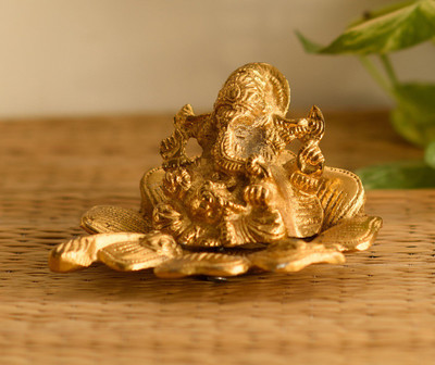 

eCraftIndia Golden Ganesha on Flower Decorative Showpiece - 7.62 cm(Aluminium, Gold)