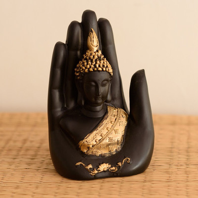 eCraftIndia Golden Handcrafted Buddha Palm Decorative Showpiece - 18 cm(Polyresin, Gold, Black)