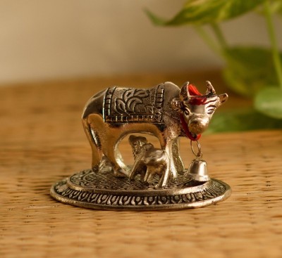 eCraftIndia Handcrafted Cow and Calf Figurine (Silver) Decorative Showpiece  -  7 cm(Polyresin, Silver)