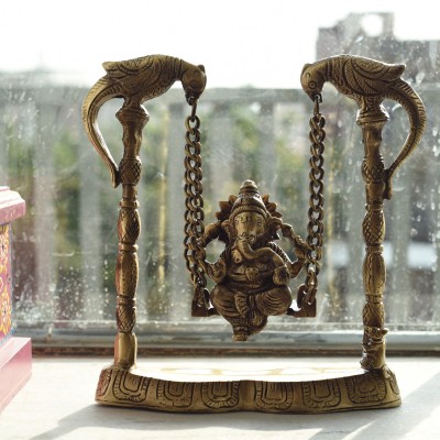 eCraftIndia Brass Lord Ganeshs on Peacock Jhoola(Swing) Decorative Showpiece  -  20 cm(Brass, Brown)