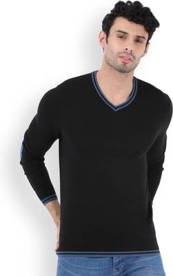 Flying Machine Solid V-neck Casual Men Black Sweater