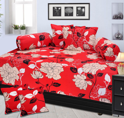 

Furnishing Zone Cotton Floral Diwan Set, Red;beige