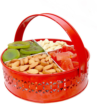 

Ghasitaram Gifts Big Red Metal Mixed Dryfruit Basket Cashews, Almonds, Kiwi, Papaya(800 g, Vacuum Pack)
