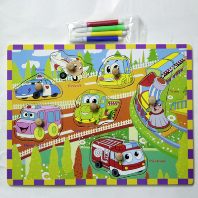 

Hnt Kids wooden pegged transport puzzle with colouring activity and sketch pens(12 Pieces)
