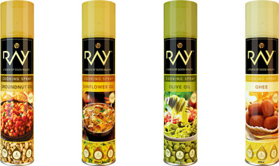 

Ray Pack of 4 Natural , Groundnut,Olive and Ghee Oil Sprays Baking Non Sticky Sprays Liquid(1000 ml)