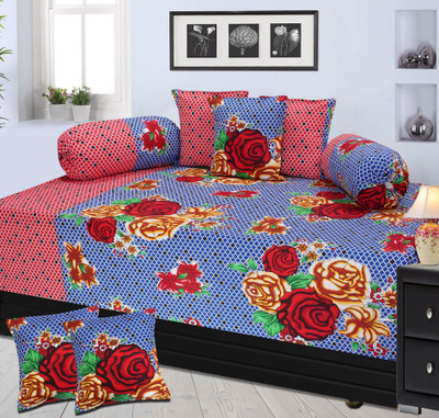 Furnishing Zone Cotton Floral Diwan Set, Blue;pink