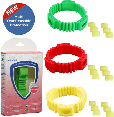 

Safe-O-Kid Set of 3 YELLOW+GREEN+RED TRIPLE POWER Anti-Mosquito Band+6 FREE Mos Patches+18 Refills, DEET-Free, Reusable, Mosquito Band(Pack of 3)