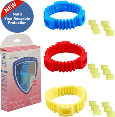 

Safe-O-Kid Set of 3 YELLOW+BLUE+RED TRIPLE POWER Anti-Mosquito Band+6 FREE Mos Patches+18 Refills, DEET-Free, Reusable, Mosquito Band(Pack of 3)