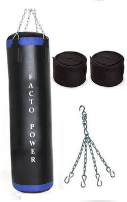 

FACTO POWER 6.0 Feet Long, P.U Material, Black and Blue Color, Unfilled with Hanging Chain with 9 Feet Long Black Color Hand Wraps Pair Boxing Kit