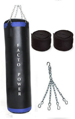 

FACTO POWER 5.5 Feet Long, P.U Material, Black and Blue Color, Unfilled with Hanging Chain with 9 Feet Long Black Color Hand Wraps Pair Boxing Kit