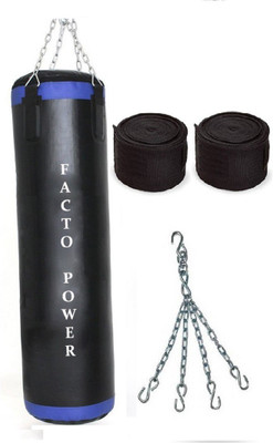 

FACTO POWER 2.0 Feet Long, P.U Material, Black and Blue Color, Unfilled with Hanging Chain with 9 Feet Long Black Color Hand Wraps Pair Boxing Kit
