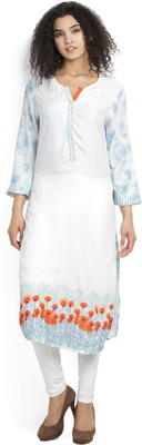 BIBA Women Printed Straight Kurta(White, Blue)