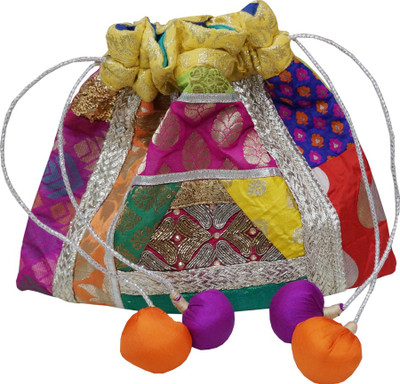 

Muren Brocade Handmade Silk Embroiderd Multicolour Potli cum Pouch with Balls Drawstrings Potli(Multicolor)
