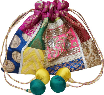 

Muren Brocade Handmade Silk Embroiderd Multicolour Potli cum Pouch with Balls Drawstrings Potli(Multicolor)