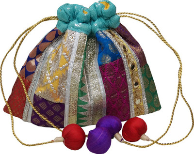 

Muren Brocade Handmade Silk Embroiderd Multicolour Potli cum Pouch with Balls Drawstrings Potli(Multicolor)
