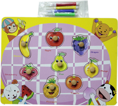 

Hnt Kids wooden pegged fruits board with colouring activity and sketch pens(13 Pieces)