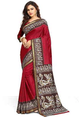 AJS Geometric Print Bollywood Silk Blend, Art Silk Saree(Red)