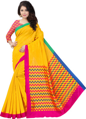Vishnu Creations Printed Bollywood Polycotton Saree(Yellow) Vishnu Creations Printed Bollywood Polycotton Saree(Yellow)
