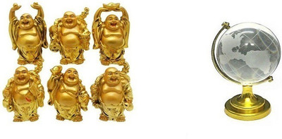 

StyleWell Combo 7 in 1 Set of Feng Shui Chinese Happy Man / Laughing Buddha - 6 different Poses Set Figurine And Crystal World Globe for Vastu Money Wealth Luck Gift Paperweight Gold Stand Decorative Showpiece - 5 cm(Plastic, Crystal, Ceramic, Gold)