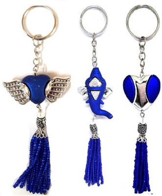 

MM Set of 3 Fashionable Blue Keychain 1 Heart with Wings, 1 Ganpathi Idol, 1 Heart Shaped Premium Charm Pendant Key Chain Key Chain