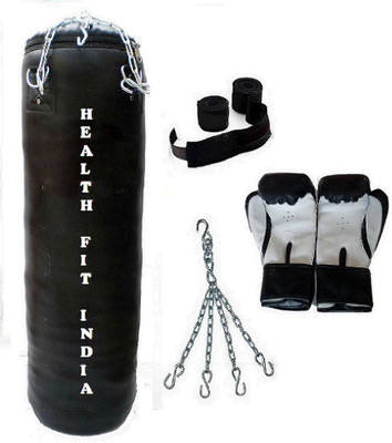 

HEALTH FIT INDIA 2.5 Feet Long, P.U Material, BLACK Color, Unfilled with Hanging Chain with 9 Feet Long Black Color Hand Wraps Pair & Boxing Gloves Pair Boxing Kit