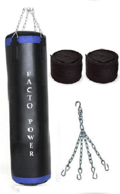 

FACTO POWER 5.0 Feet Long, P.U Material, Black and Blue Color, Unfilled with Hanging Chain with 9 Feet Long Black Color Hand Wraps Pair Boxing Kit