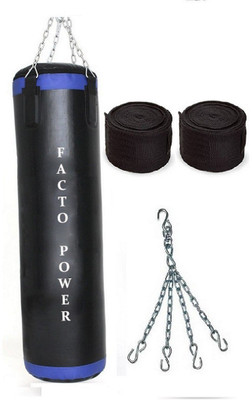 

FACTO POWER 6.5 Feet Long, P.U Material, Black and Blue Color, Unfilled with Hanging Chain with 9 Feet Long Black Color Hand Wraps Pair Boxing Kit