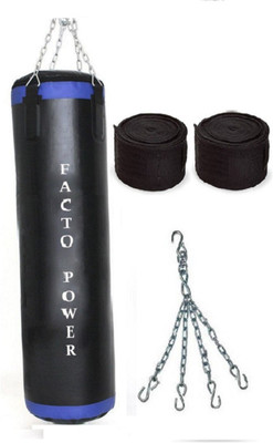 

FACTO POWER 3.5 Feet Long, P.U Material, Black and Blue Color, Unfilled with Hanging Chain with 9 Feet Long Black Color Hand Wraps Pair Boxing Kit