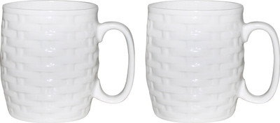 Pearl CheckMug Bone China Mug(330 ml, Pack of 2), White
