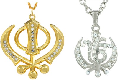 memoir Combo deal of One Gold CZ Khanda, and One silver CZ Khanda chain pendant locket necklace for Men and Women Gold-plated, Silver Cubic Zirconia Brass Locket