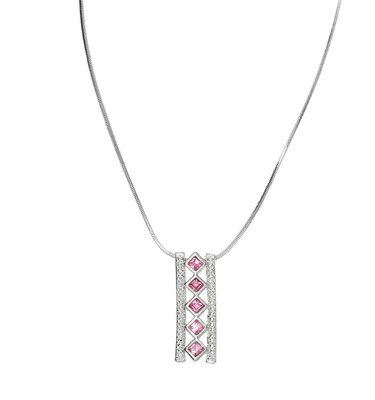 mahi Crystals Pink Square Rhodium Plated Pendant Rhodium Crystal Alloy Pendant Set