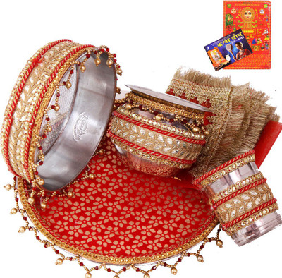 

Creativity Centre Glossy Karwa Chauth Pooja Thali Set Stainless Steel(8 Pieces, Multicolor)