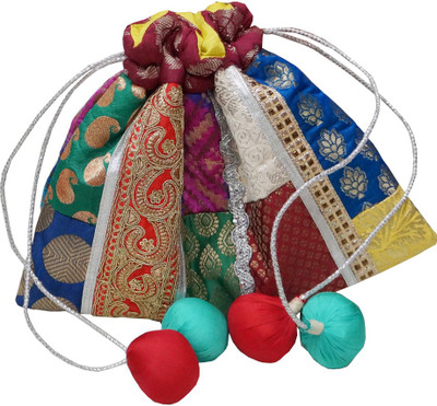 

Muren Brocade Handmade Silk Embroiderd Multicolour Potli cum Pouch with Balls Drawstrings Potli(Multicolor)