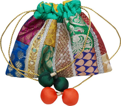 

Muren Brocade Handmade Silk Embroiderd Multicolour Potli cum Pouch with Balls Drawstrings Potli(Multicolor)