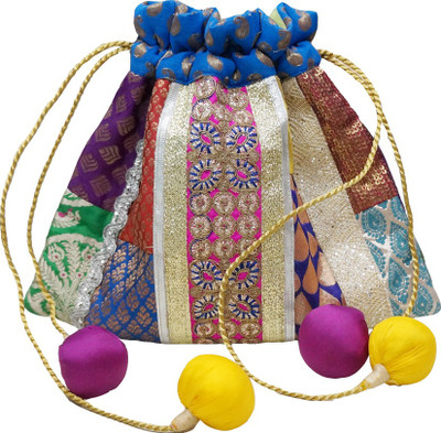 

Muren Brocade Handmade Silk Embroiderd Multicolour Potli cum Pouch with Balls Drawstrings Potli(Multicolor)