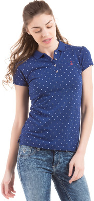 

Flying Machine Polka Print Women' Polo Neck Blue T-Shirt, Twilight blue