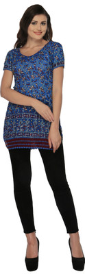 BDS CHIKAN Casual Half Sleeve Embroidered Women Blue Top